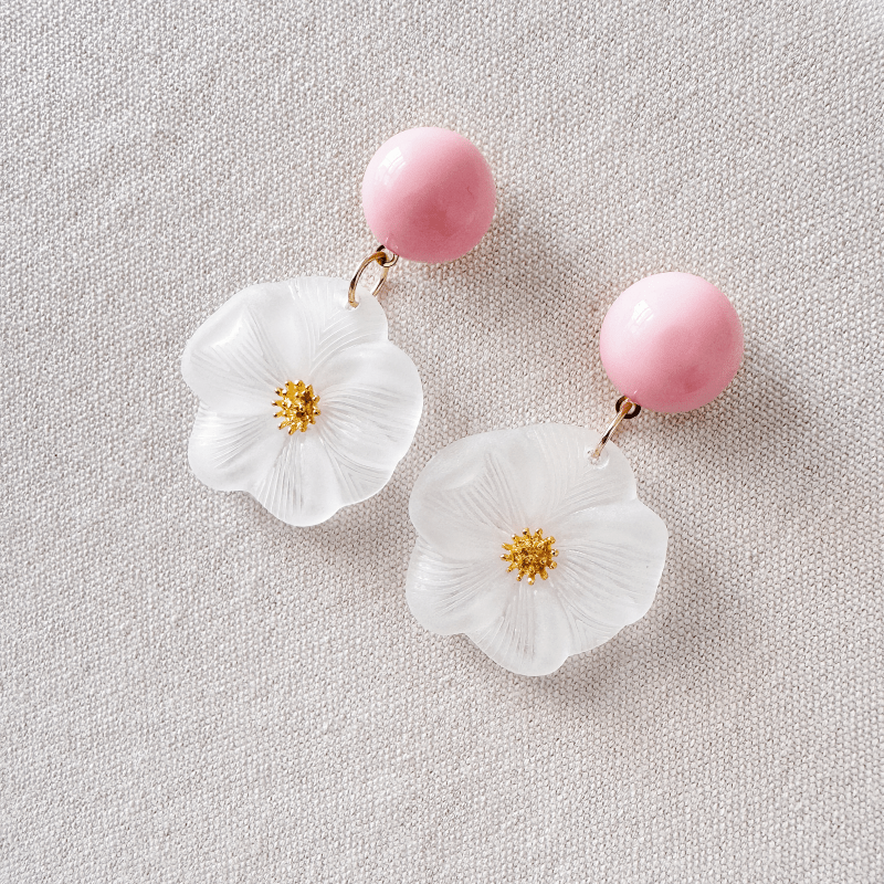 Boho Flower Earrings with Golden Stamens & Pink Balls Iron Posts